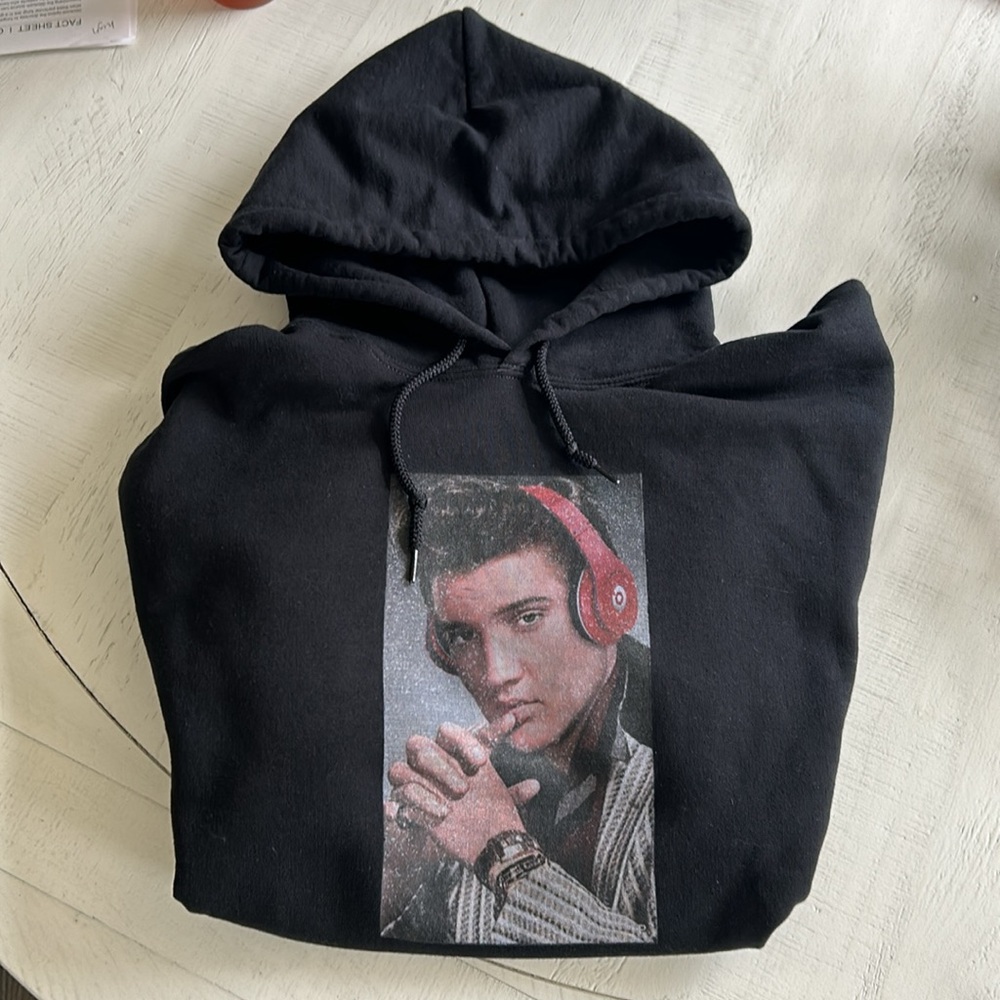 Hoodie w Modern Elvis w Beats “Shawty got Low” Black *Design off-center*  Sz L